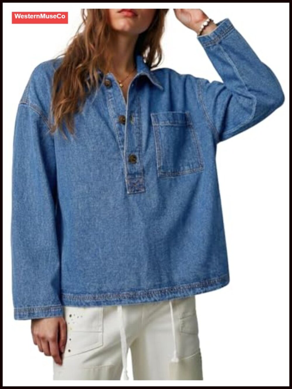 Women's Denim Button Up V Neck Long Sleeve Pullover Top
